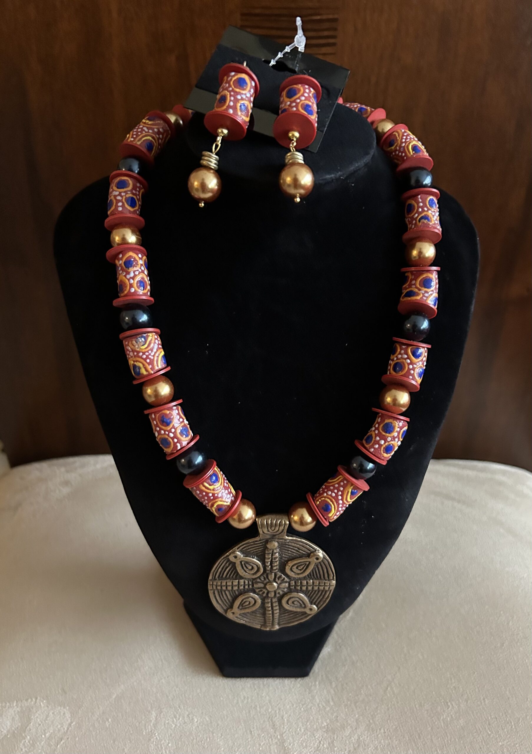 Ghanian Red Trade Bead Necklace set with Brass Pendant