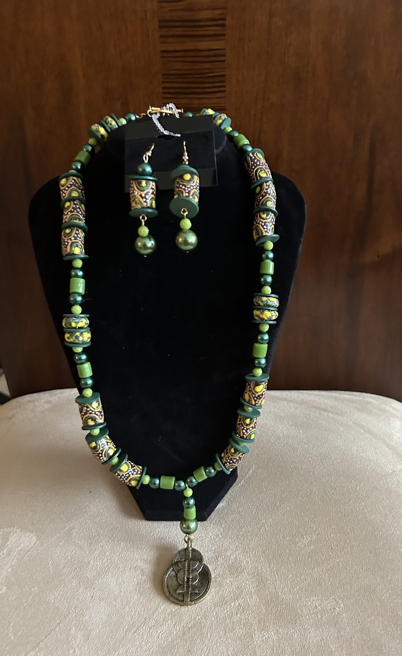 Ghanian Green Trade Bead  2 pc necklace set with brass pendant