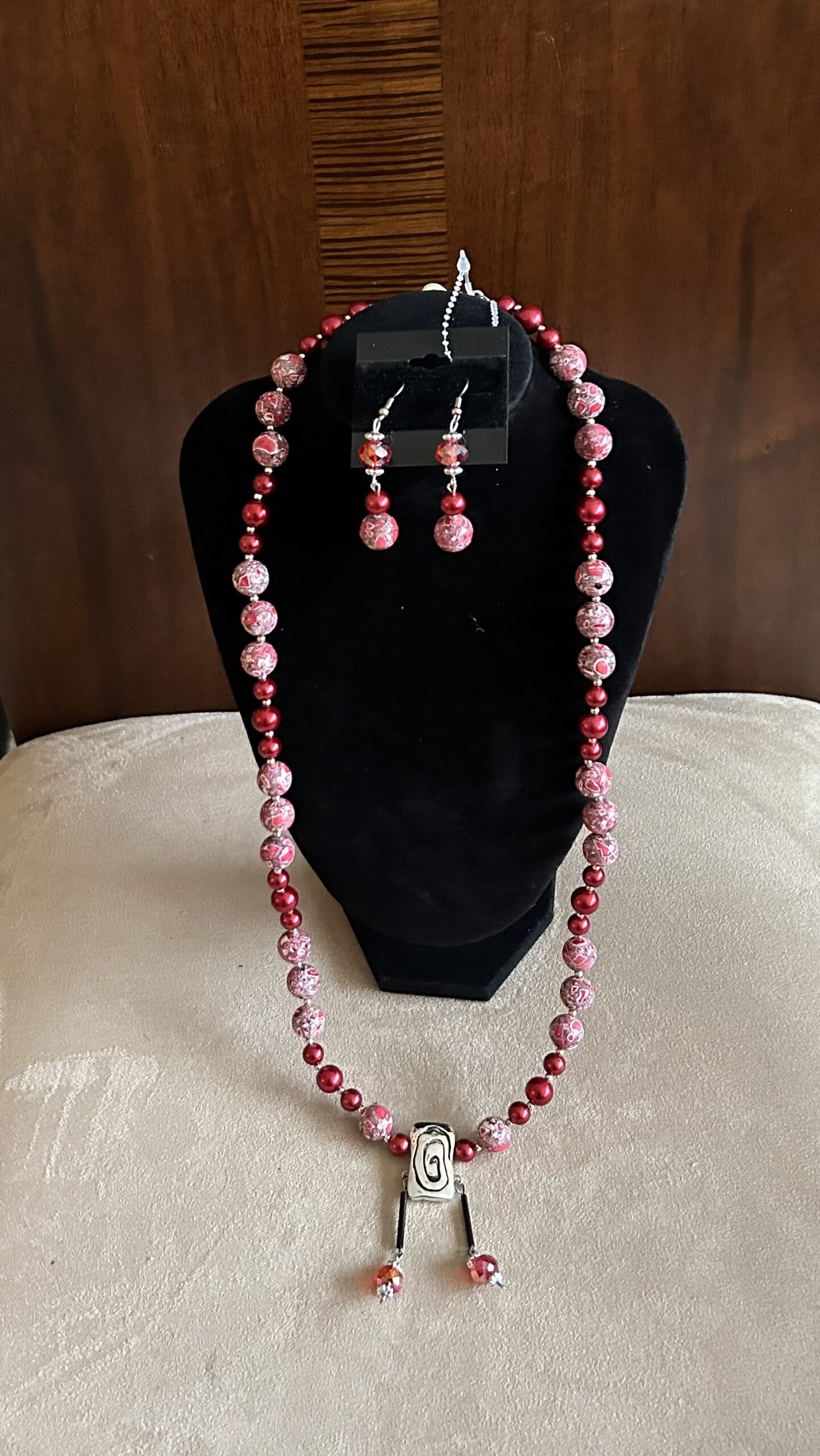 Red jasper 2 pc necklace set with silver pendant dangle