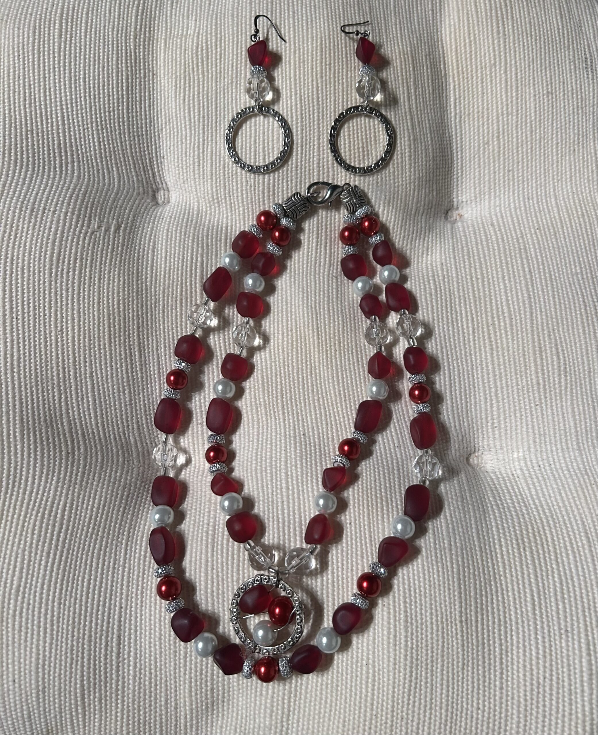 Double strand red and clear glass bead necklace set