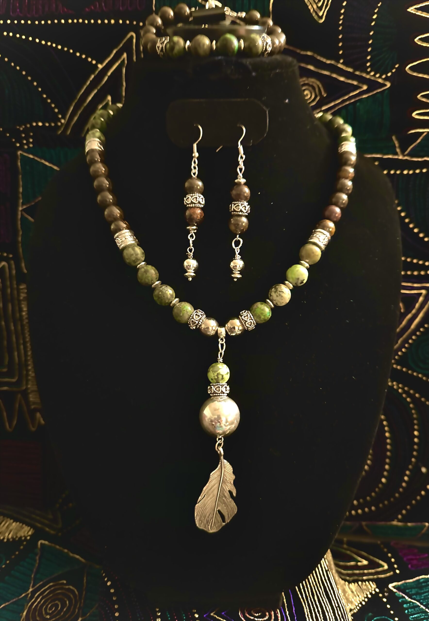 African Turquoise and Bronzite healing stone 3 piece necklace set